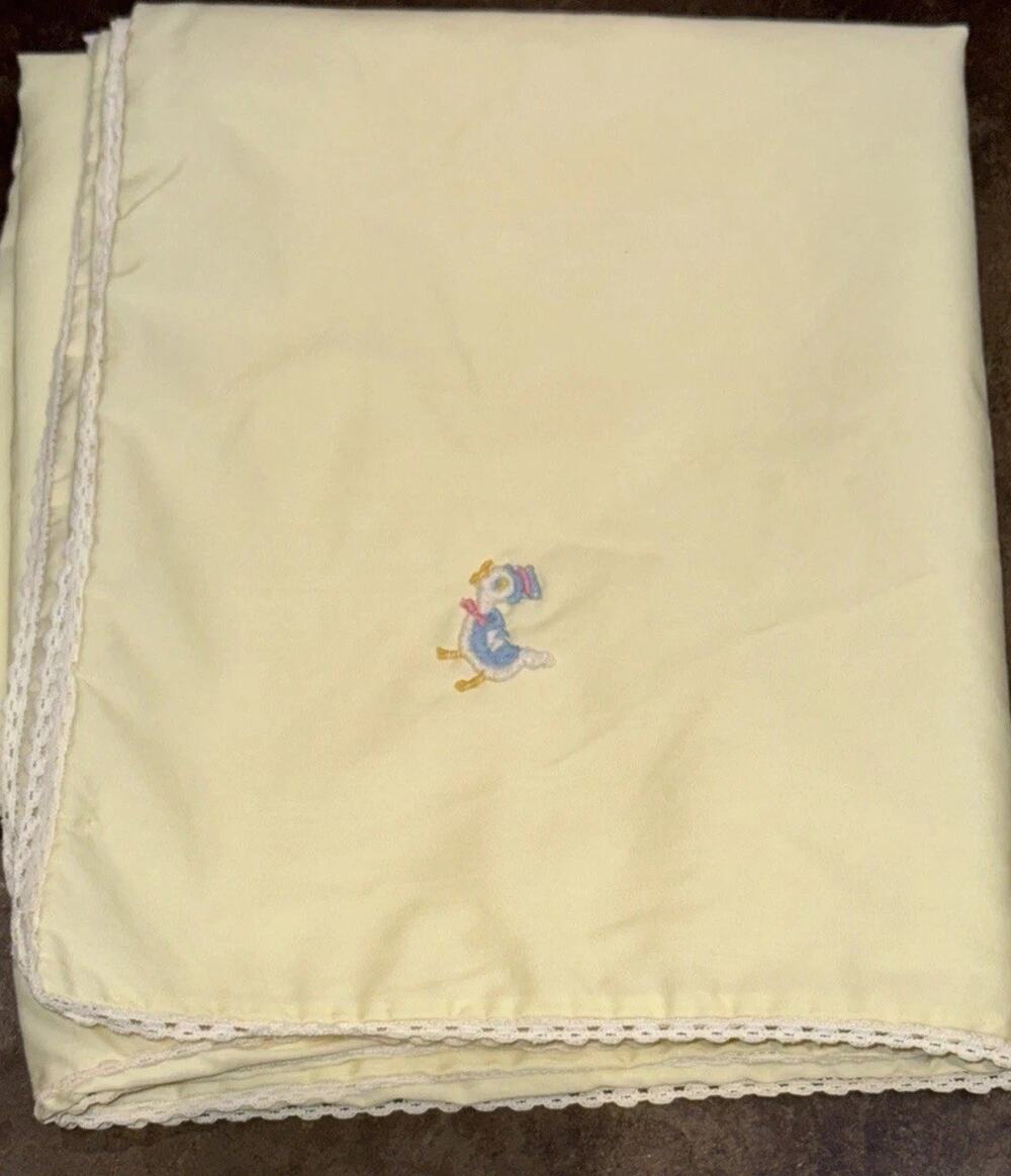 Vintage 1960s 70s Yellow Baby Blanket Embroidered Duck Crochet Lace Trim 43x39